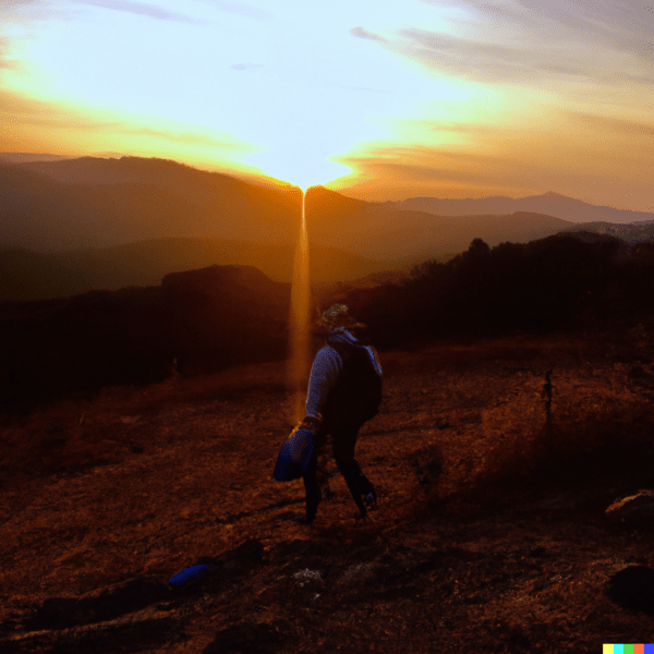 DALL·E 2022-12-03 03.22.34 - A vibrant photograph of a Japanese artisan hiking on a mountain, wide shot, outdoors, sunset photo at golden hour, wide-angle lens, soft focus, shot o