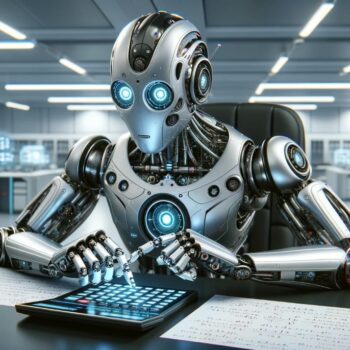 DALL·E 2023-11-07 19.48.22 – A highly detailed robot with a sleek metallic body consisting of silver and chrome panels, is seated at a modern black desk. It has optical sensors th